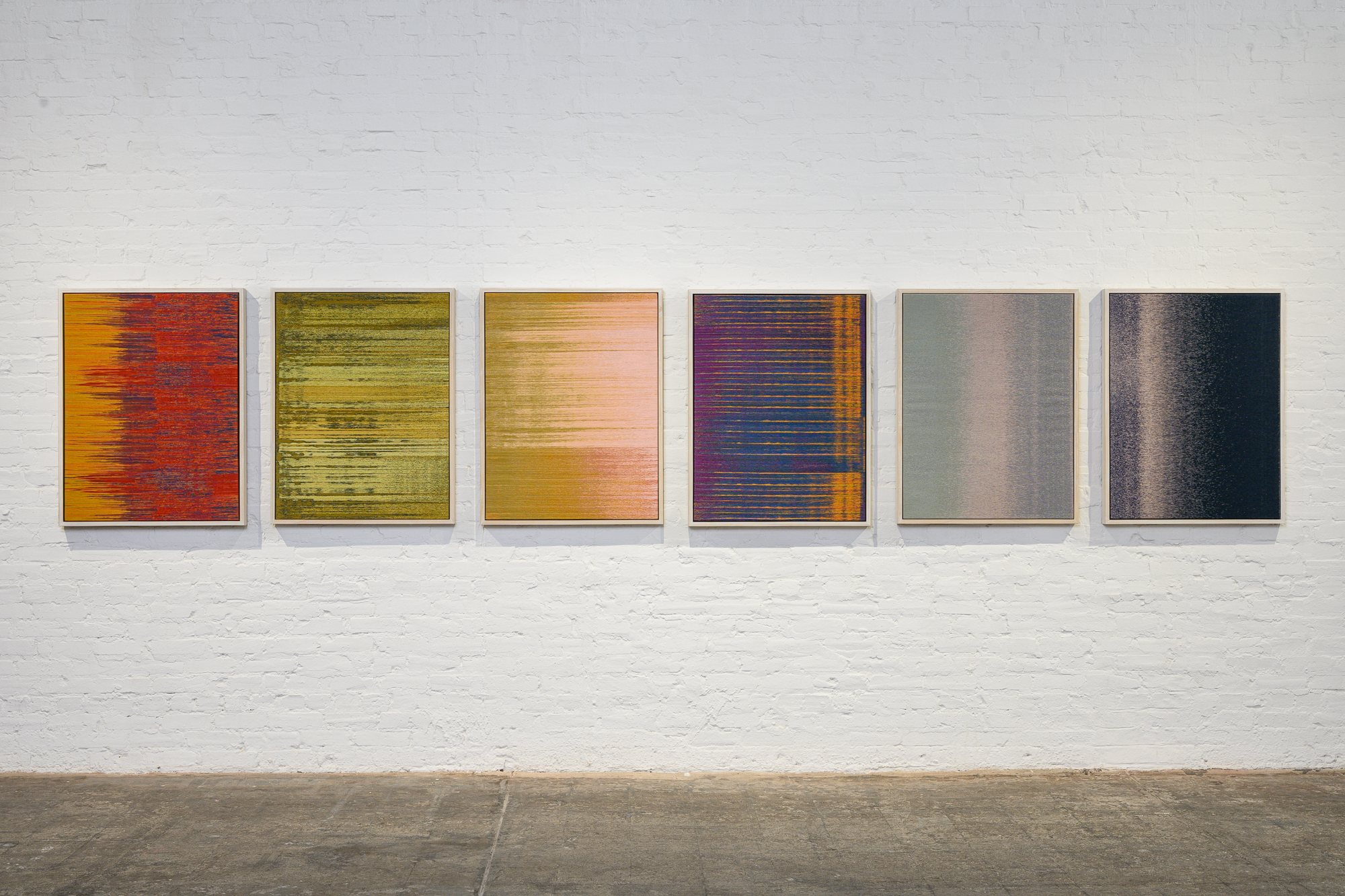 A series of six woven panels featuring mostly dual-tone gradients.