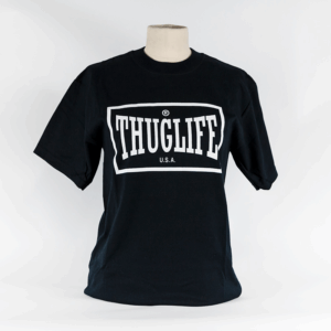 A black short-sleeve t-shirt hangs over a mannequin's bust. The white graphic on the t-shirt reads 