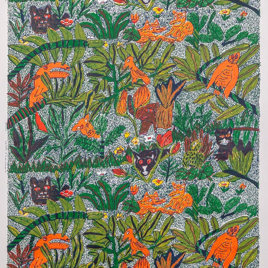 A repeat pattern featuring a drawing of a densely packed jungle scene with colorful plants and animals, including exotic birds, wild cats, and an elephant. It is drawn in a loose, gestural style and with a crayon-like texture.