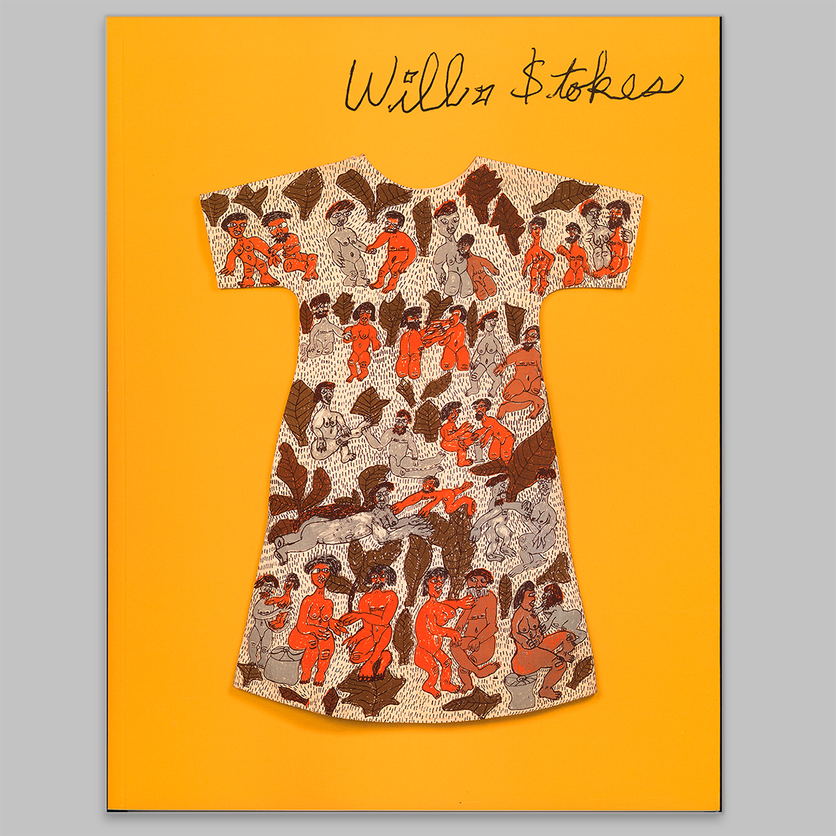 A yellow book cover featuring a long tunic with a very busy hand-drawn pattern featuring orange, brown, and gray nude figures interacting with one another amid large brown leaves and a background of repeat textural marks. The book cover says 