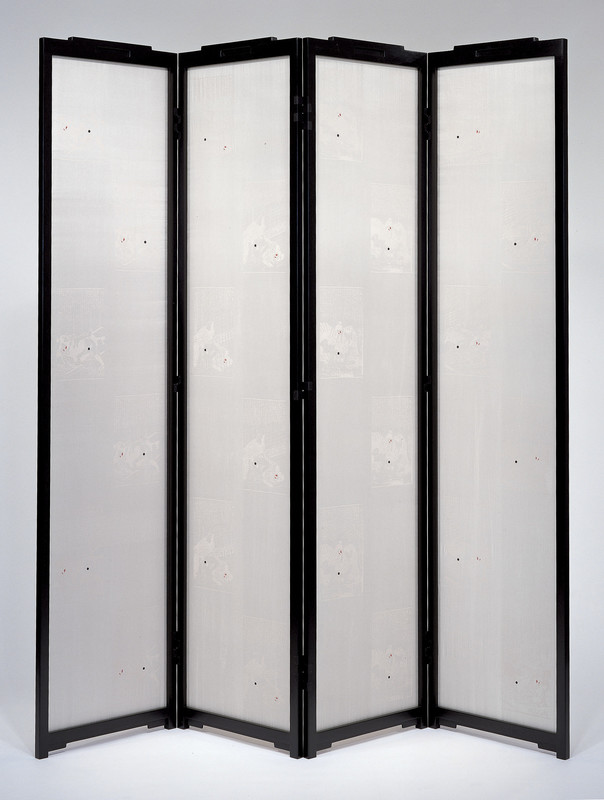 An exhibition view of Barbra Bloom's Japanese folding screen titled Pictures from the Folding World