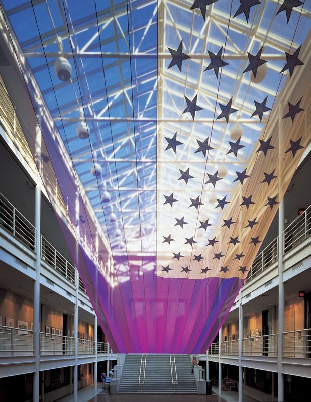 An exhibition view of Donald Lipski's sculpture titled Who's Afraid of Red, White & Blue #31