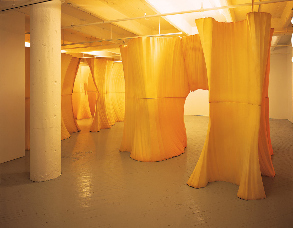 An exhibition view of Ernesto Neto’s installation titled “The Garden”