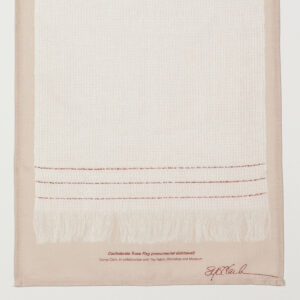 A detail of the lower portion of a print of a white dishtowel, longer than it is wide, with three red stripes and fringe on the bottom. The print is on a beige background and is signed by the artist, Sonya Clark. The text reads, 
