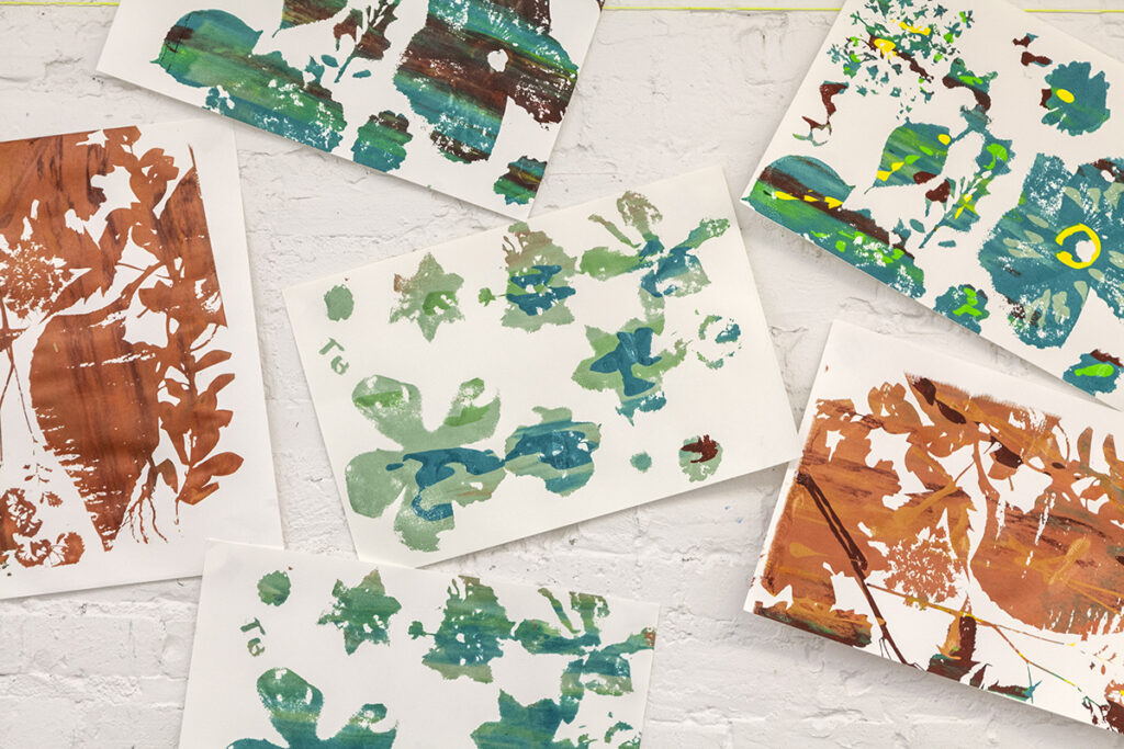six varied prints show the possibilities of tree-inspired imagery using a limited palette of greens and browns.