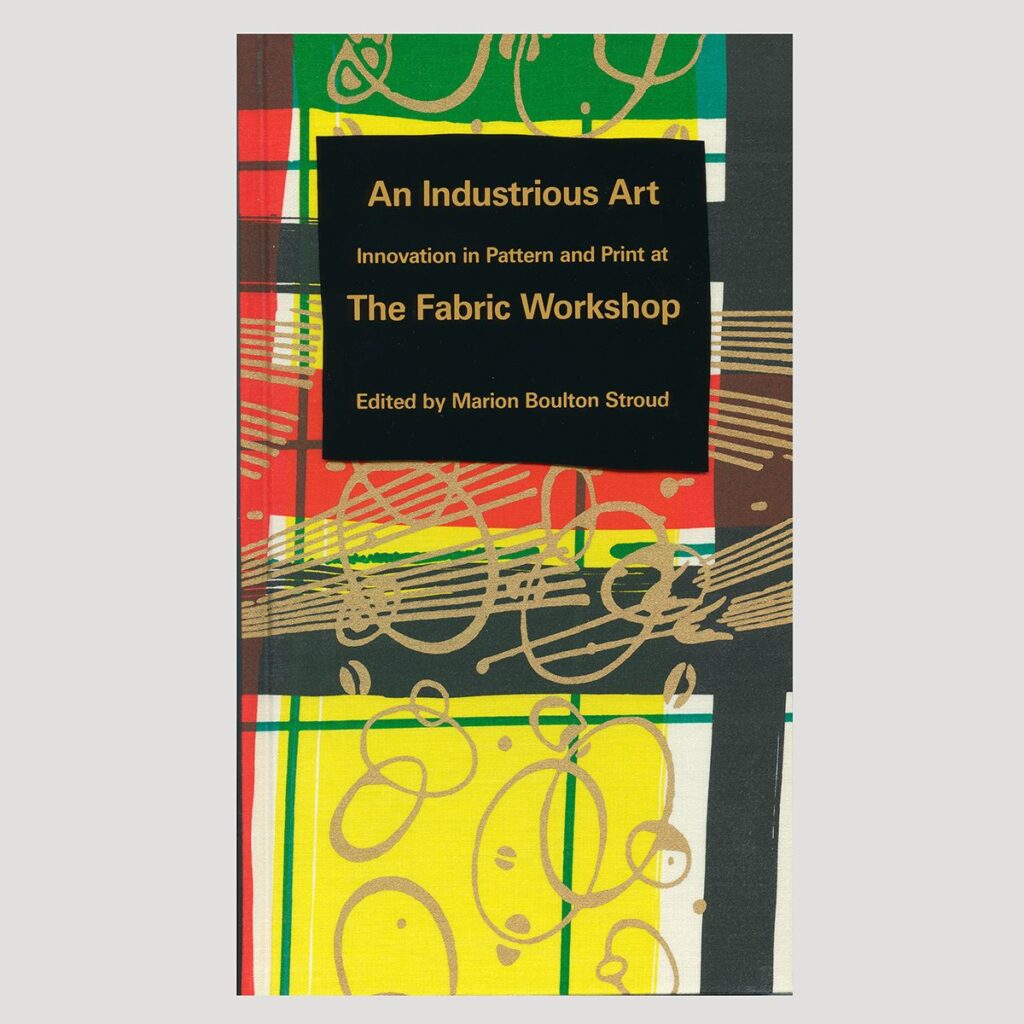 An image of a book cover featuring a colorful pattern by artist Kim MacConnel. The colors that stand out in the design are yellow, green, red, and gold.