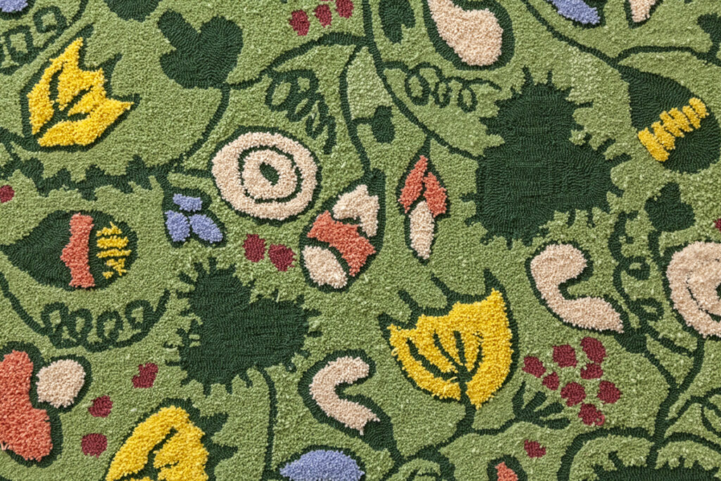 A tufted green rug consisting of curved lines and floral shapes with of yellow, peach, pink, and a darker green.