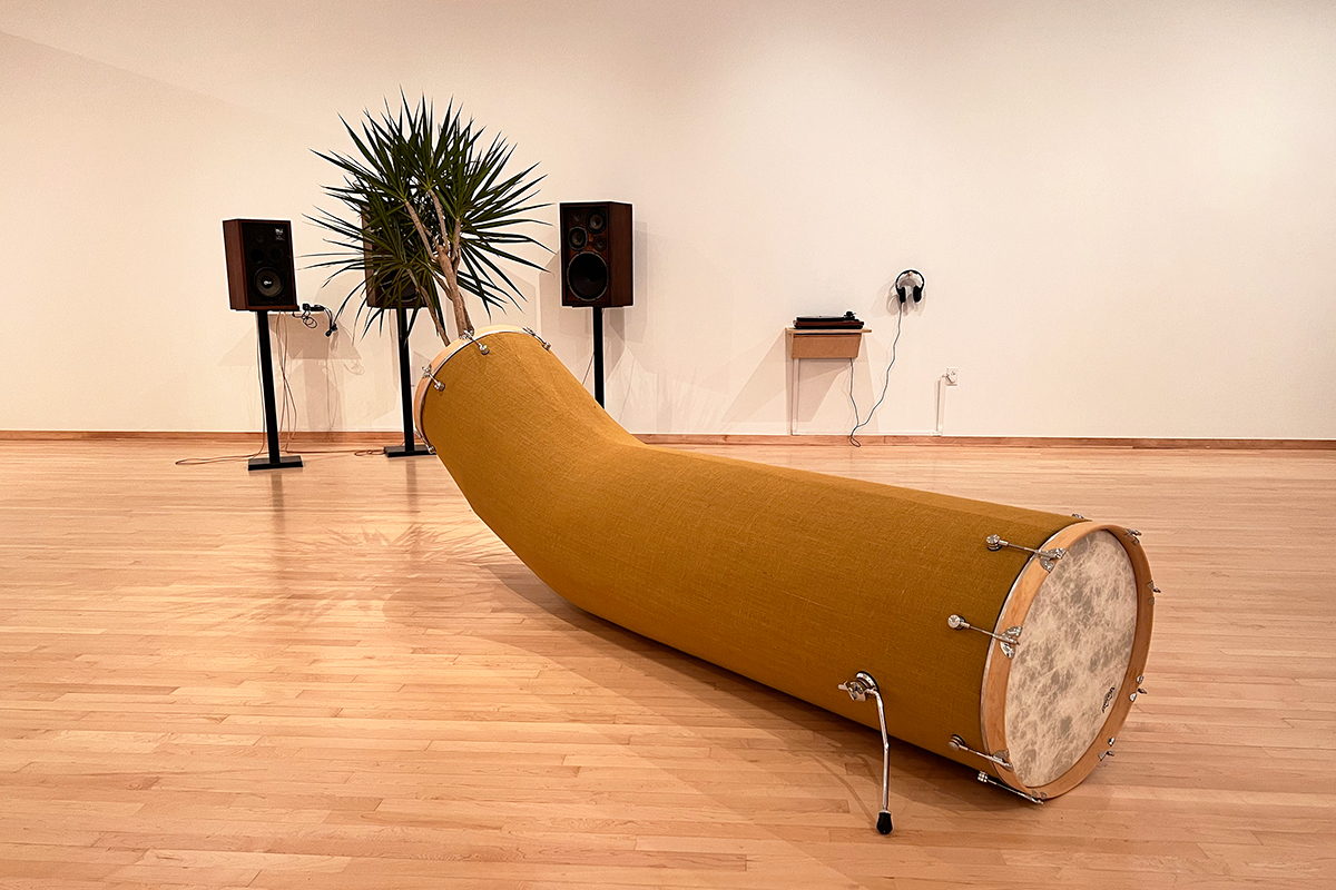 A long sculptural drum features a plant emerging from its end. Against the wall are upright speakers and a listening station.