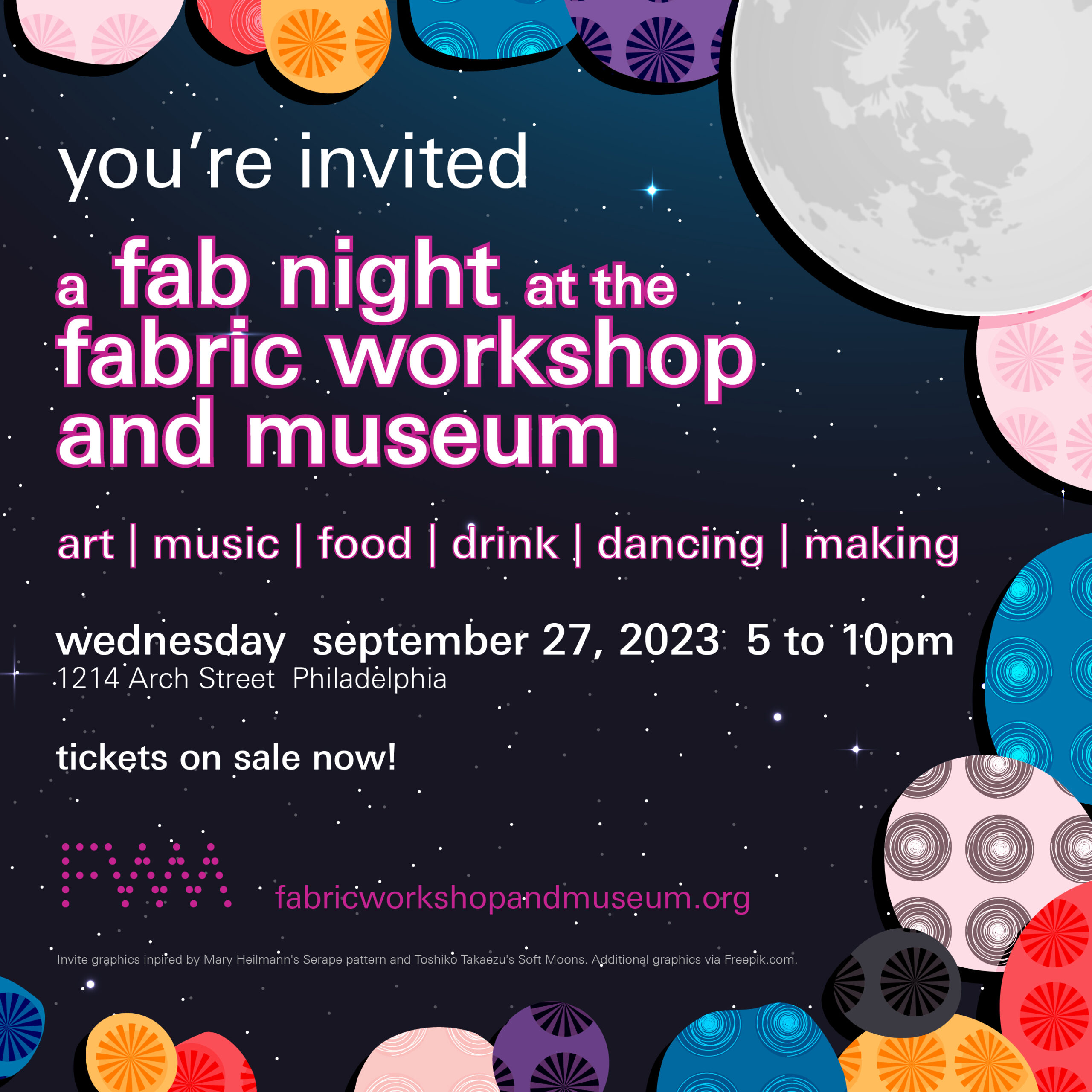 You're Invited: A fab night at the The Fabric Workshop and Museum. Wednesday, September 27, 2023, 5 to 10 pm.