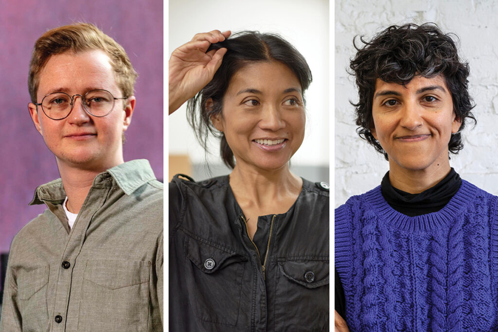 Three artists' portraits, side-by-side, in three tall rectangles, separated by white lines. On the left is a blonde man with short hair and glasses. In the middle is a smiling East Asian who is brushing her hair back with her hand. On the right is a non-binary person of South Asian descent. They are smiling without showing teeth and wearing a royal blue cable-knit sweater.