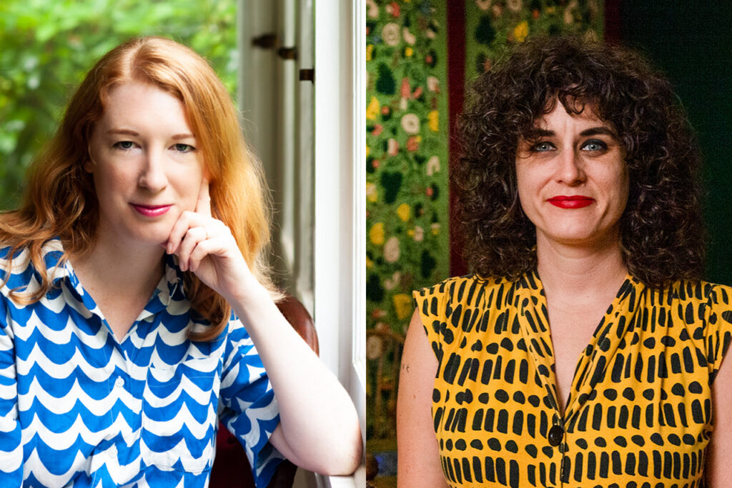 On the left, the author Joanna Scutts, a white woman with red hair, rests her head on her hand. She is wearing a blue and white patterned shirt. On the right, the artist Jessica Campbell, a white woman with curly brown hair poses for the camera with her tufted floral artwork in the background. She is wearing a sleeveless yellow and black patterned shirt.