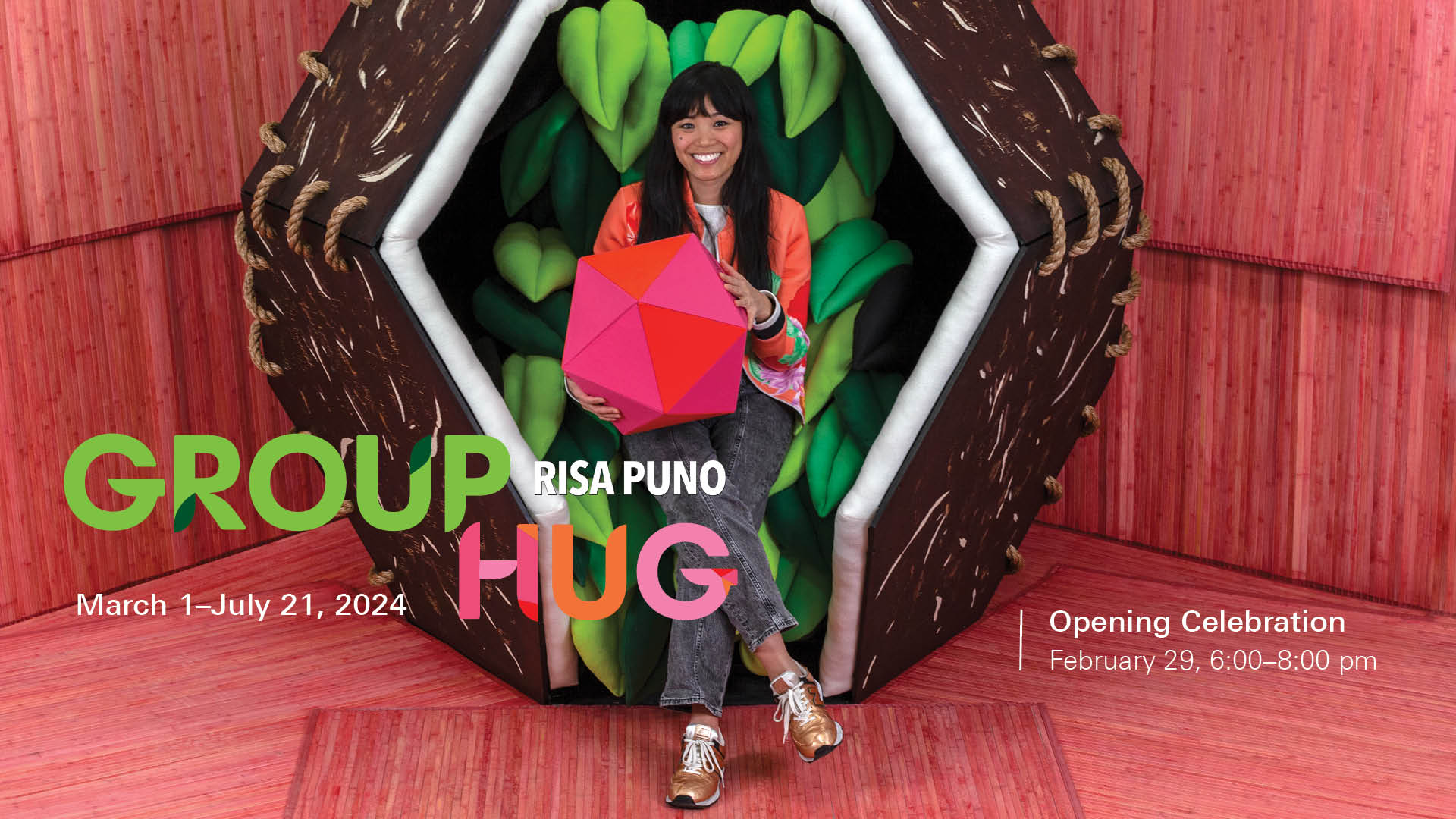 A photograph of the artist Risa Puno, a young woman with black hair, a warm colored blouse and grey jeans, sitting in a brown geometric pod. She is holding a pink and orange multi-sided structure in her hands. Her seat is made of green felted leaves. The walls and floors are all made of the same pink bamboo. The poster reads 