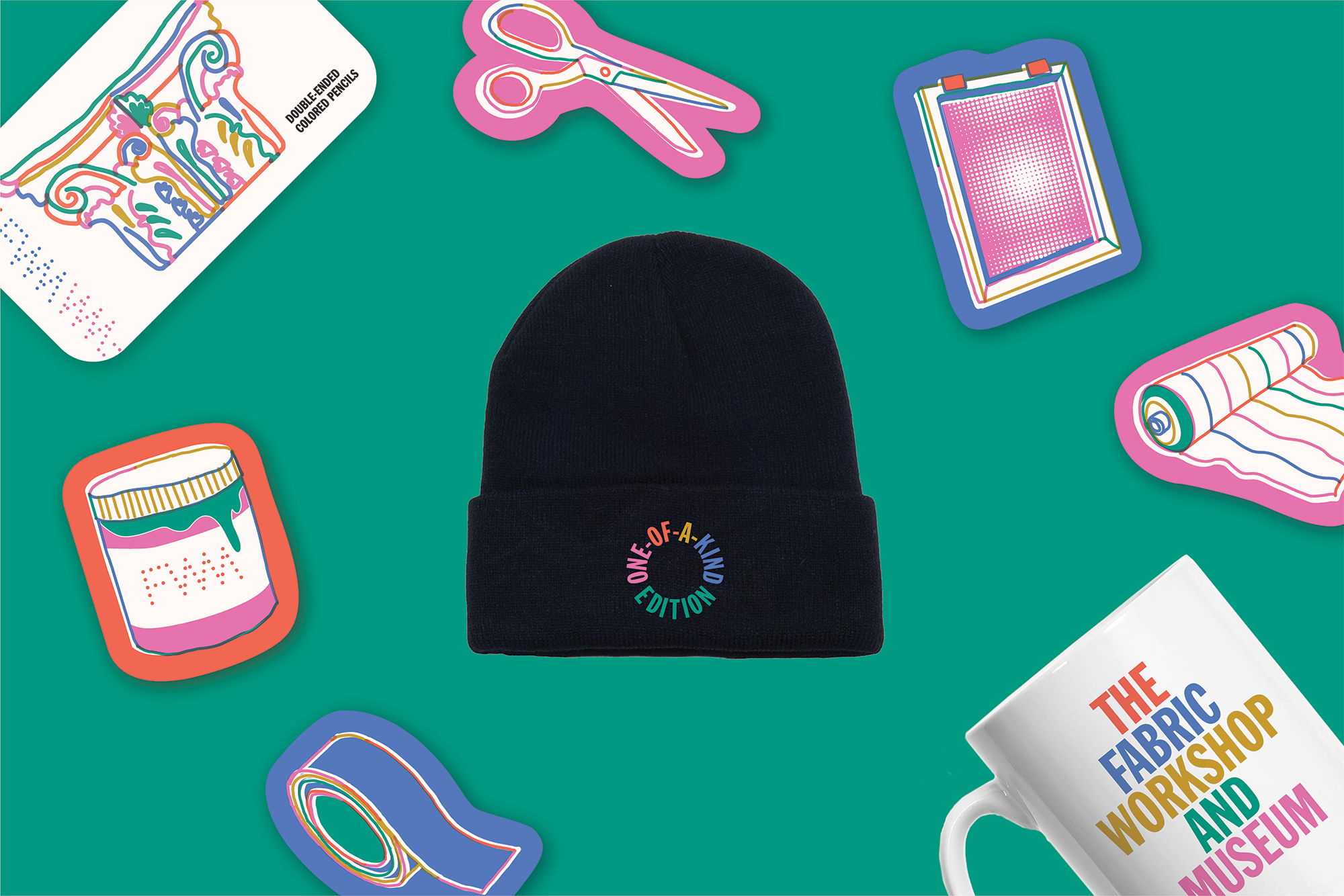 Drawings of objects float over a green background, encircling a black beanie. Clockwise from the top-left: a pencil case featuring a drawing of a Corinthian column, a drawing of a pair of scissors, a drawing of a mesh silkscreen, a drawing of a roll of fabric, a white mug that reads “The Fabric Workshop and Museum,” a drawing of a roll of blue tape, and a drawing of an oozing jar of ink