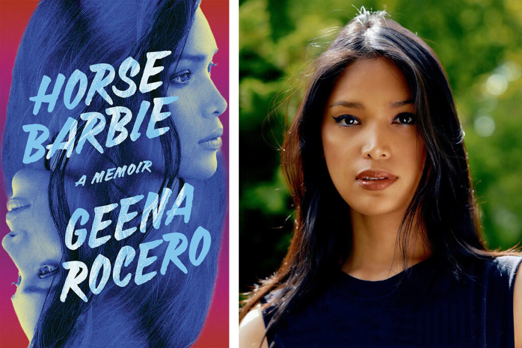 A book cover of "Horse Barbie" by Geena Rocero, next to a portrait of the author and model outdoors amid green trees.
