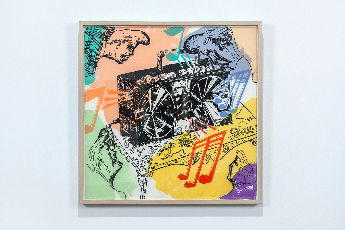 A photograph of a square-shaped frame containing an colorful, graphic artwork featuring a boombox stereo at its center. The floating heads of gawking men and musical notes surround the stereo on all sides.