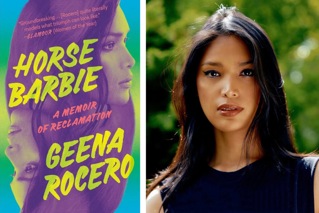 A book cover of "Horse Barbie" by Geena Rocero, next to a portrait of the author and model outdoors amid green trees.