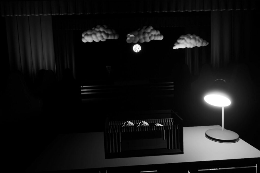 A black and white picture created with computer graphics featuring a desk lamp on a table with a theater stage in the background. Three puffy clouds float over the stage.