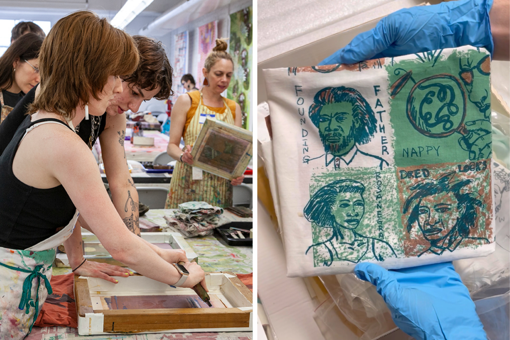 Two images next to each other. The image on the left features two people working together to screenprint on a table. The image on the right features a person wearing blue vinyl gloves holding a folded screenprint on fabric.