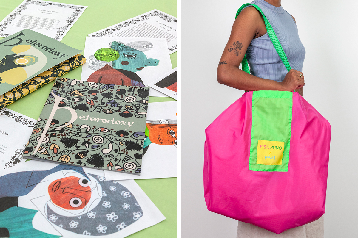 A bifurcated image: on the left, an array of printed ephemera features a book that reads "Heterodoxy" along with abstract portraits in bold colors; on the right, a person holds a large nylon bag on their shoulder. The bag is magenta with green straps and a yellow tag that reads "Risa Puno x FWM."