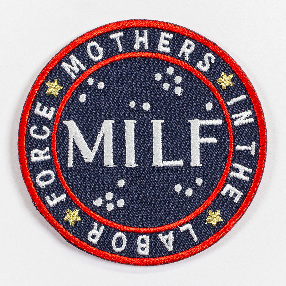 A circular navy blue patch with red lining and white text. The center text reads 