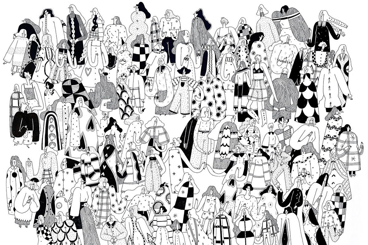 A black and white illustration of a densely packed scene of figures.