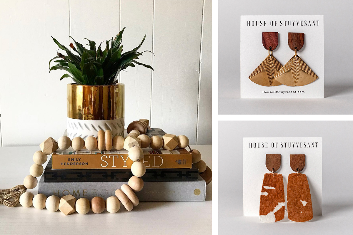 Three photos: On the left, a wooden-beaded garland wraps around a stack of books and a small houseplant; on the right: two sets of simple-shaped earrings in metal and fur.