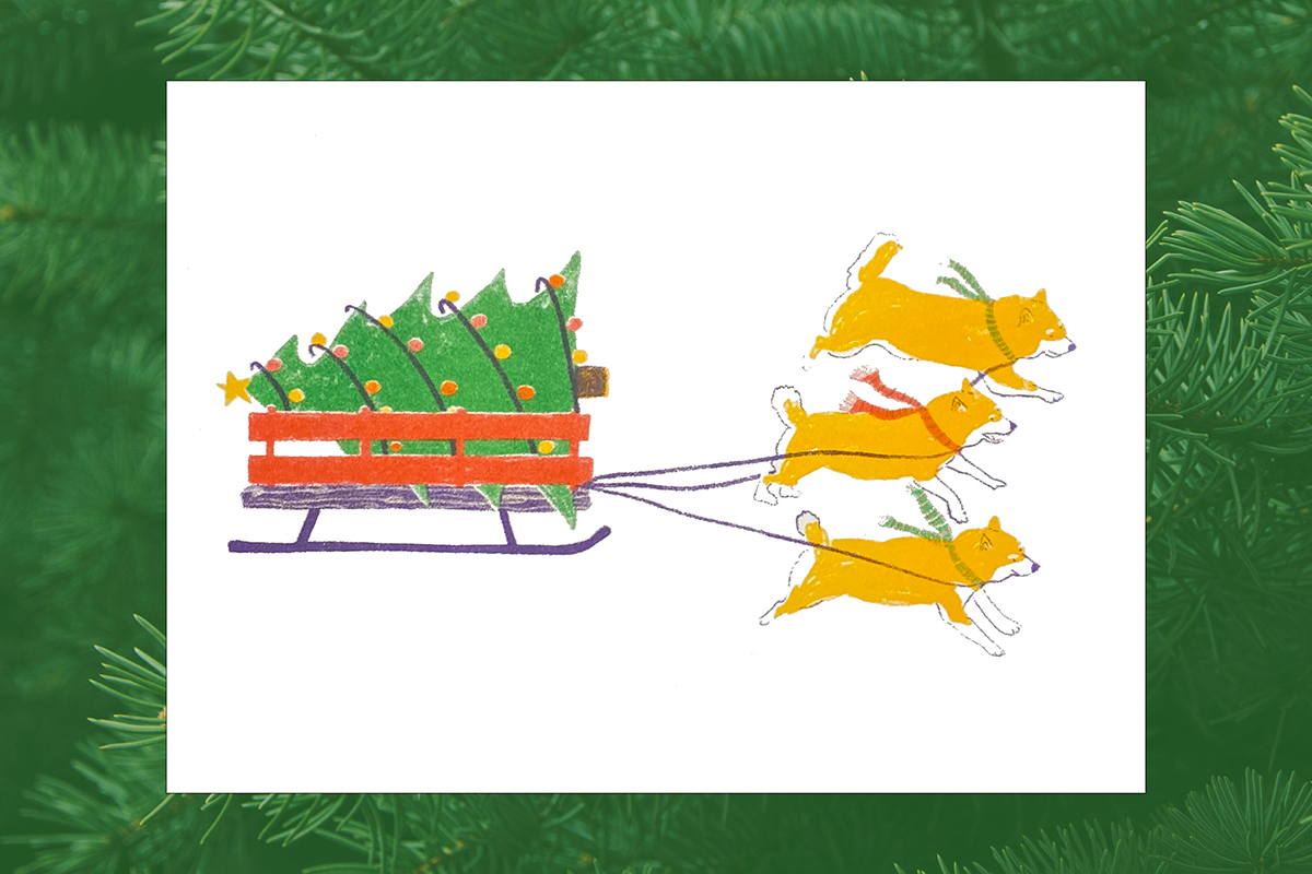 An illustration of three shiba inu dogs pulling a Christmas tree on a sled