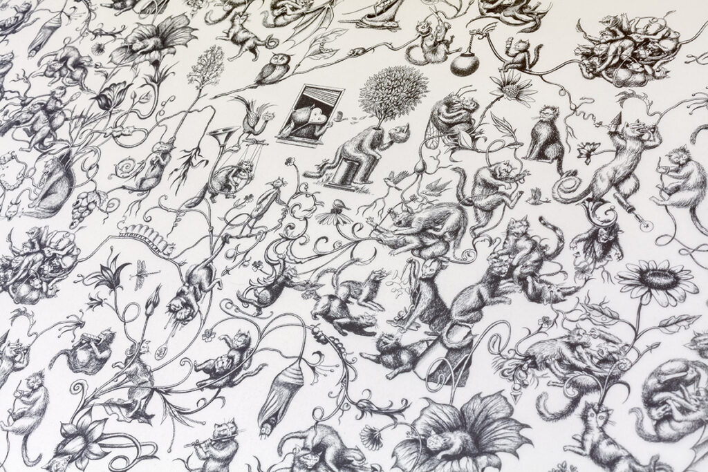 A densely detailed pen and ink drawing of various cats engaged in strange activities.