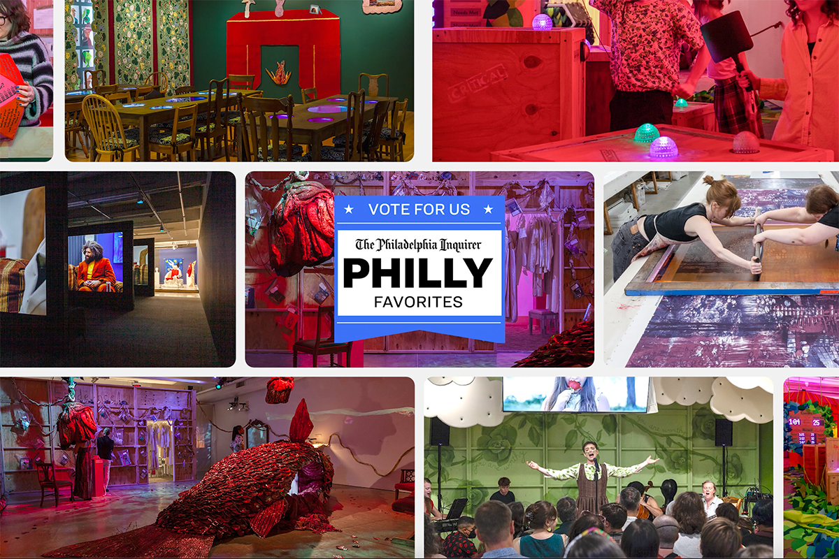 A grid of images of art installations and performances. A card on the center image reads, "Vote for Us, The Philadelphia Inquirer Philly Favorites"