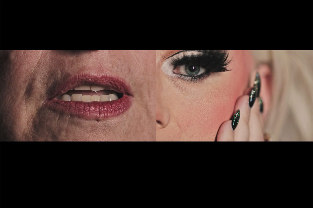 A video still with black frames at the top and bottom. In the center are two extreme close-up portraits of a person's lipsticked mouth and another person's eyes with deep eye shadow and eyelashes.