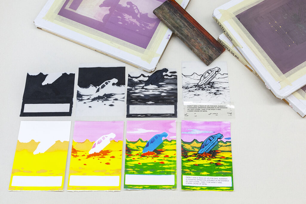 A photograph of four sheets of paper at varying stages of creating a four-color screenprint. Moving from left to right, each sheet shows one more layer of color added to create the full illustration of a car crash.