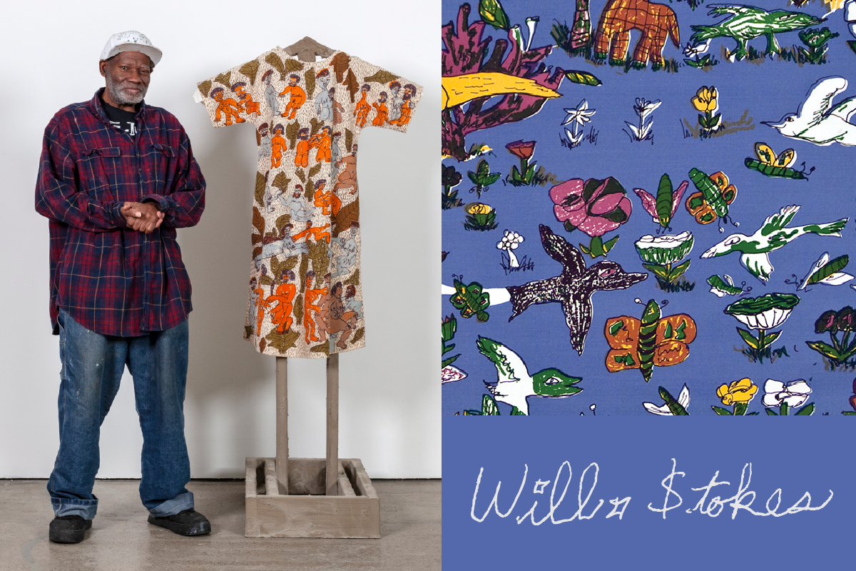 An image of Will Stokes, Jr., an older Black man in a flannel shirt and baseball cap, standing with his artwork in a gallery. His art is a simple dress shape, densely detailed with brown and orange figures, draped over an armature. To the right of that photo is a pattern with his drawings of animals printed in various colors over a blue background. His signature is written underneath.