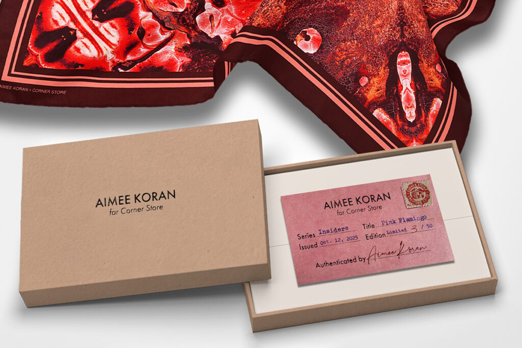 An image of a shallow box with a certificate of authenticity. The lid of the box reads "Aimee Koran for Corner Store." A red silk scarf drapes from the top of the photo.