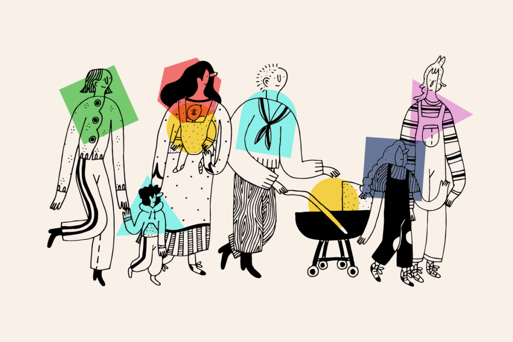 A drawing of four women with small children, including a baby strapped to a mother and another baby in a stroller. Colorful shapes intersect with the line drawing characters.