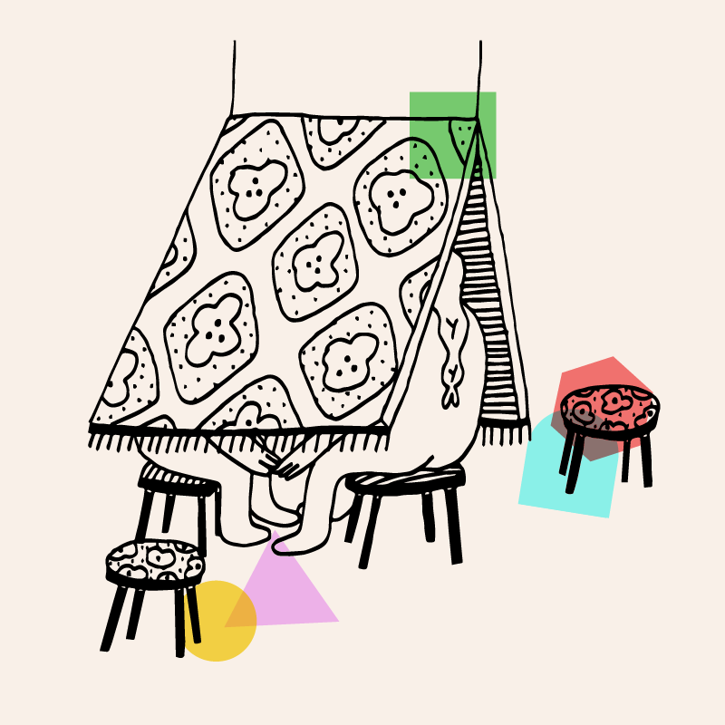 An illustration of two people seated underneath a roof-like structure. Only the back of one figure, their feet and touching hands are visible. Two empty stools are seen nearby.