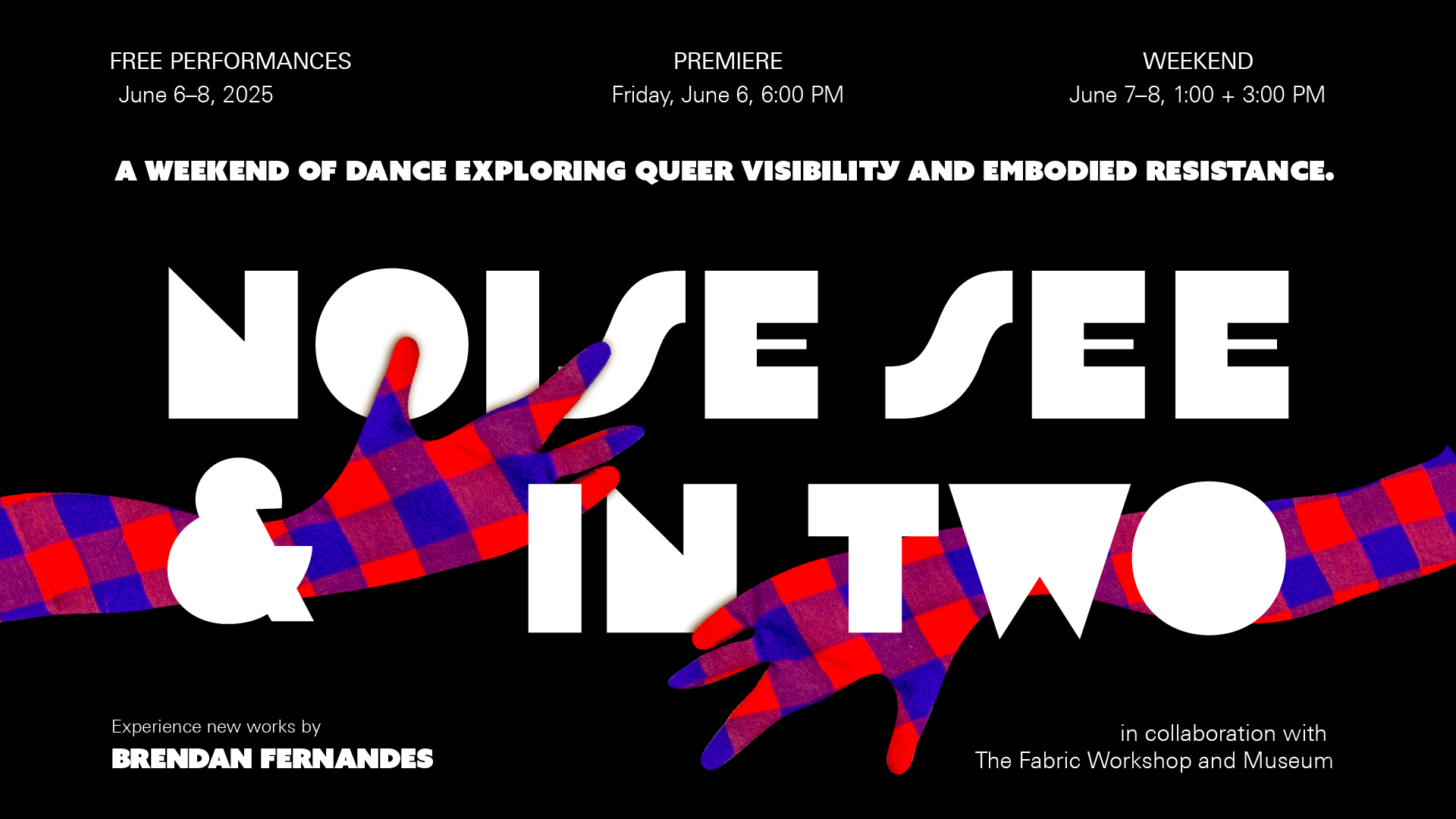 A graphic poster promoting a new series of performances by artist Brendan Fernandes titled 
