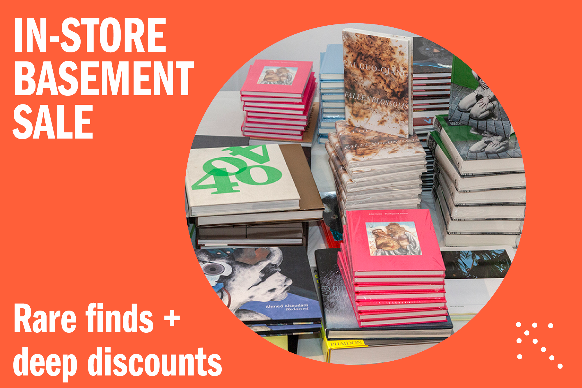 A poster of many stacks of art books that reads In-Store Basement Sale Saturday and Sunday September 6 and 7.