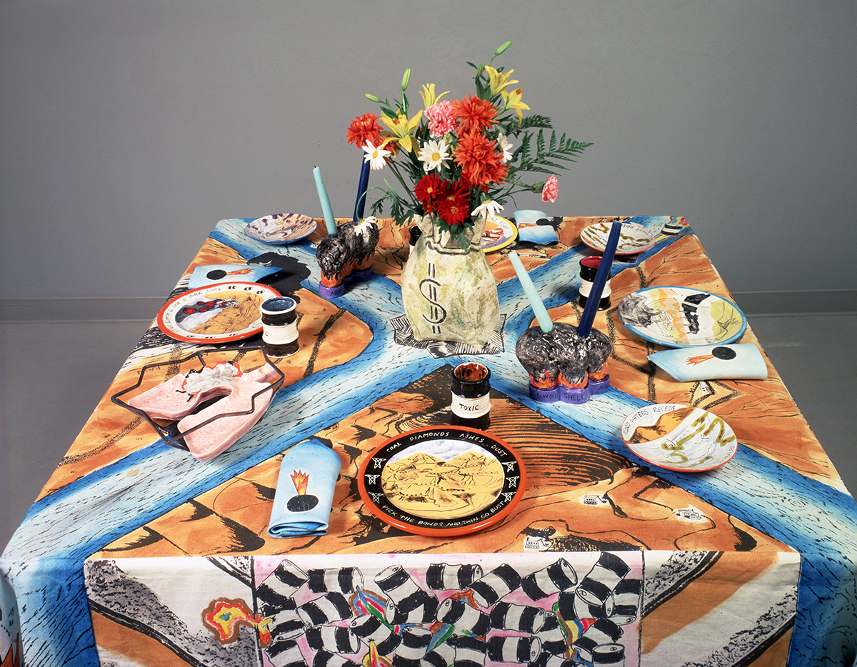 A tablecloth with blue 