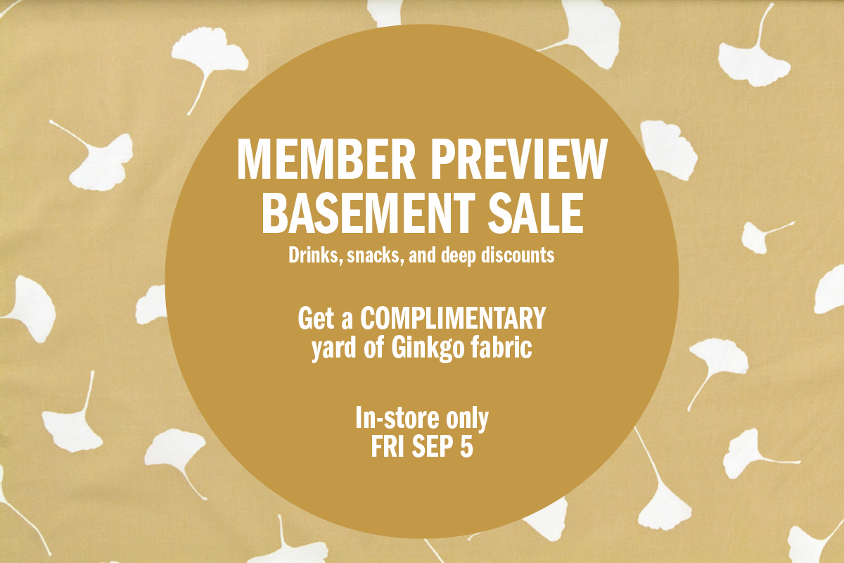 A beige and white pattern of ginkgo leaves with a graphic explaining a member preview sale happening in-store on Friday, September 5.