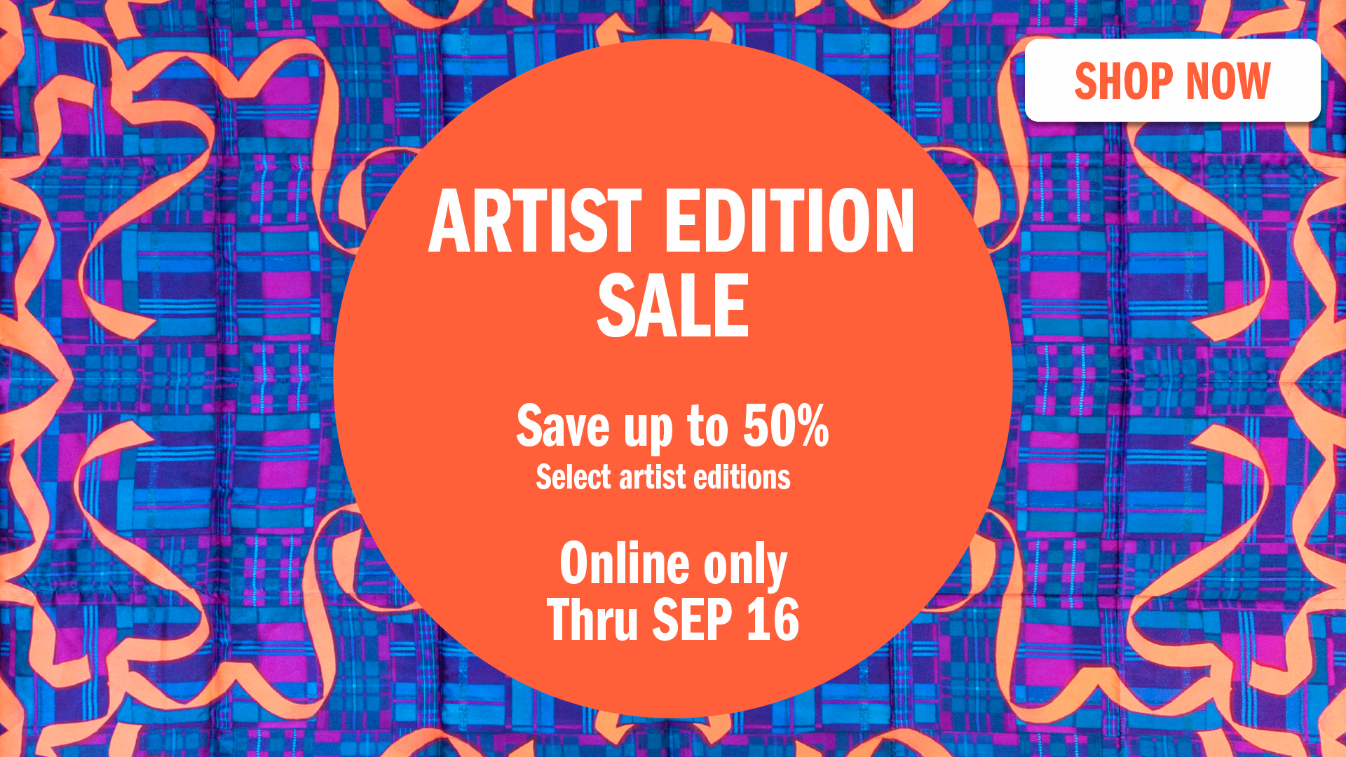 A mirrored pattern of bright pink ribbons on a blue and purple plaid background. There is a graphic with text overlaying on the pattern promoting an Artist Edition Sale encouraging viewers to shop now.