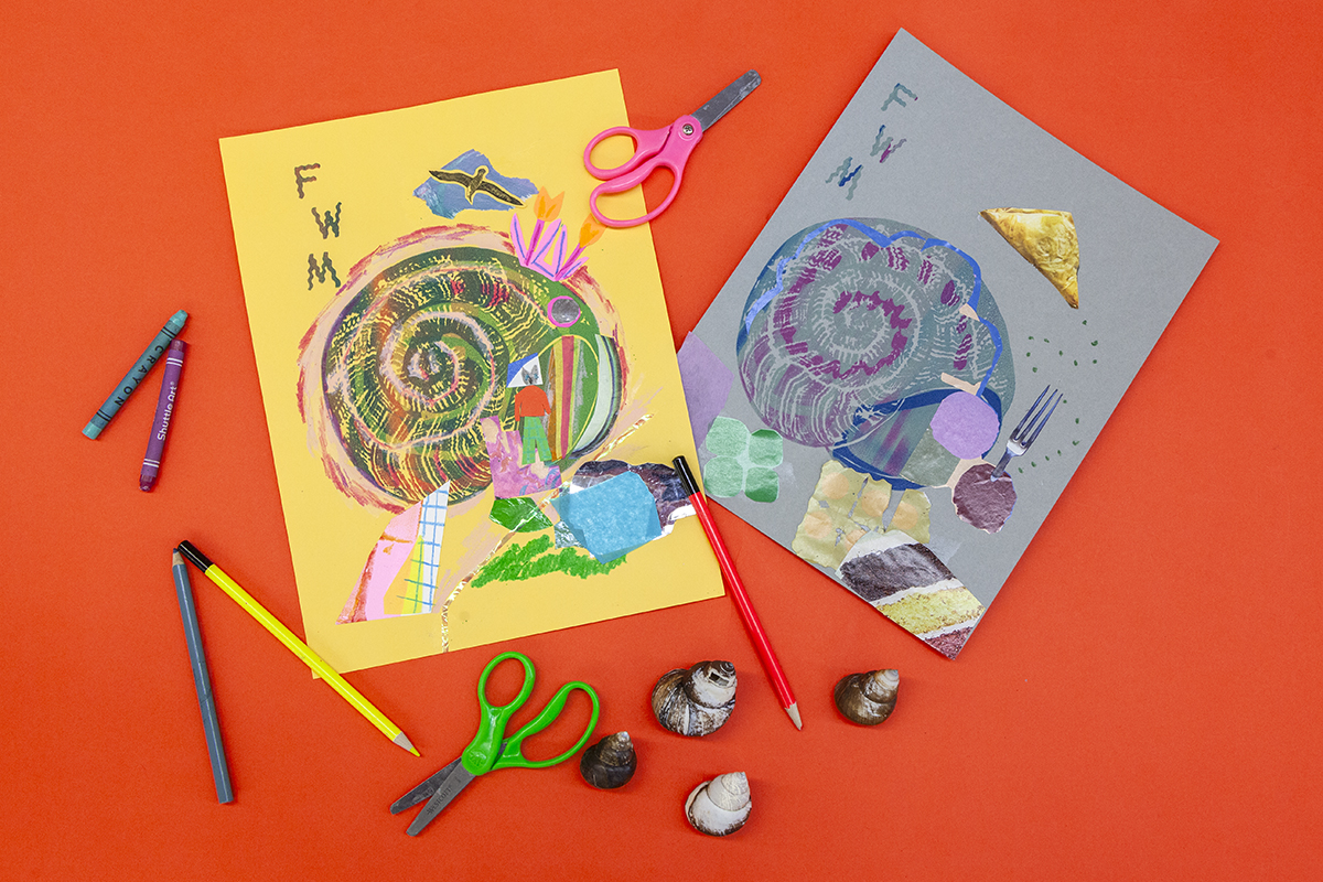 Two children's drawings of snails, each on colored paper and surrounded by drawing materials.