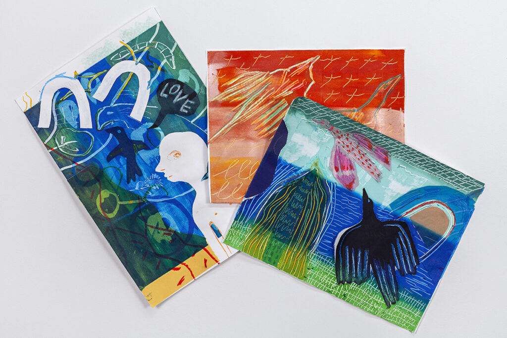 A photograph of three vibrant drawings that have been screenprinted and then the ink has been etched to create line drawings.