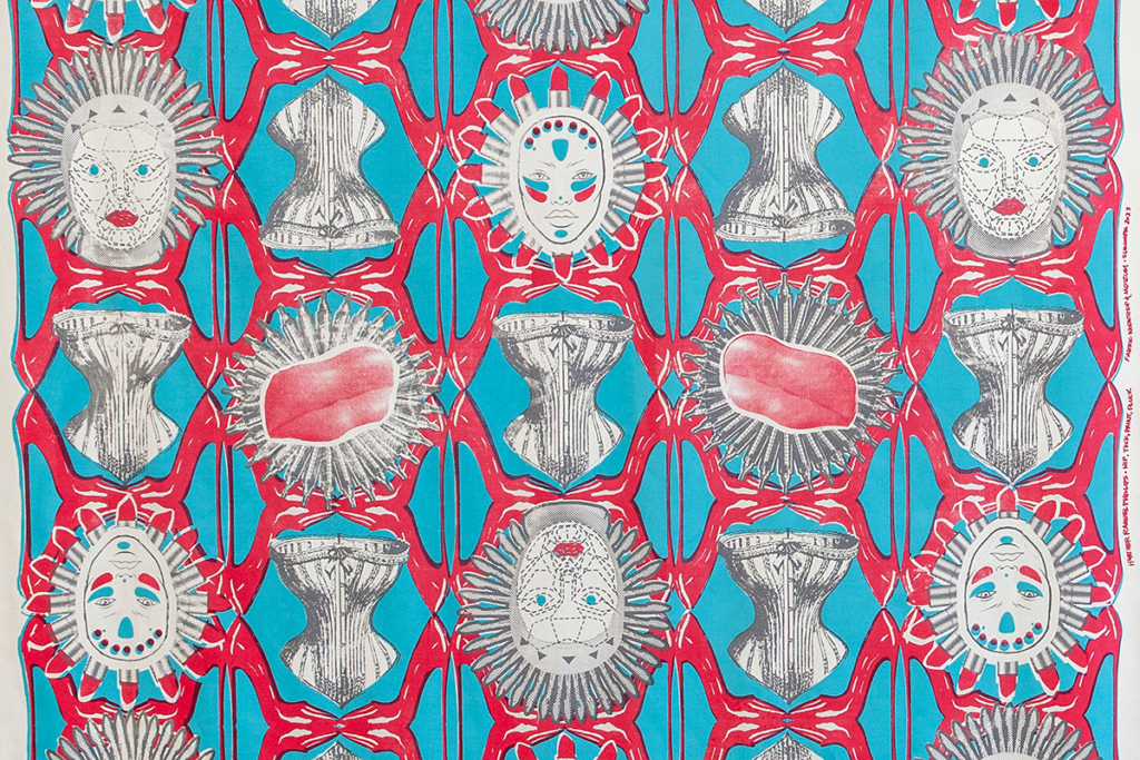 A detail of a repeat pattern composed of masks, lips, and corsets.