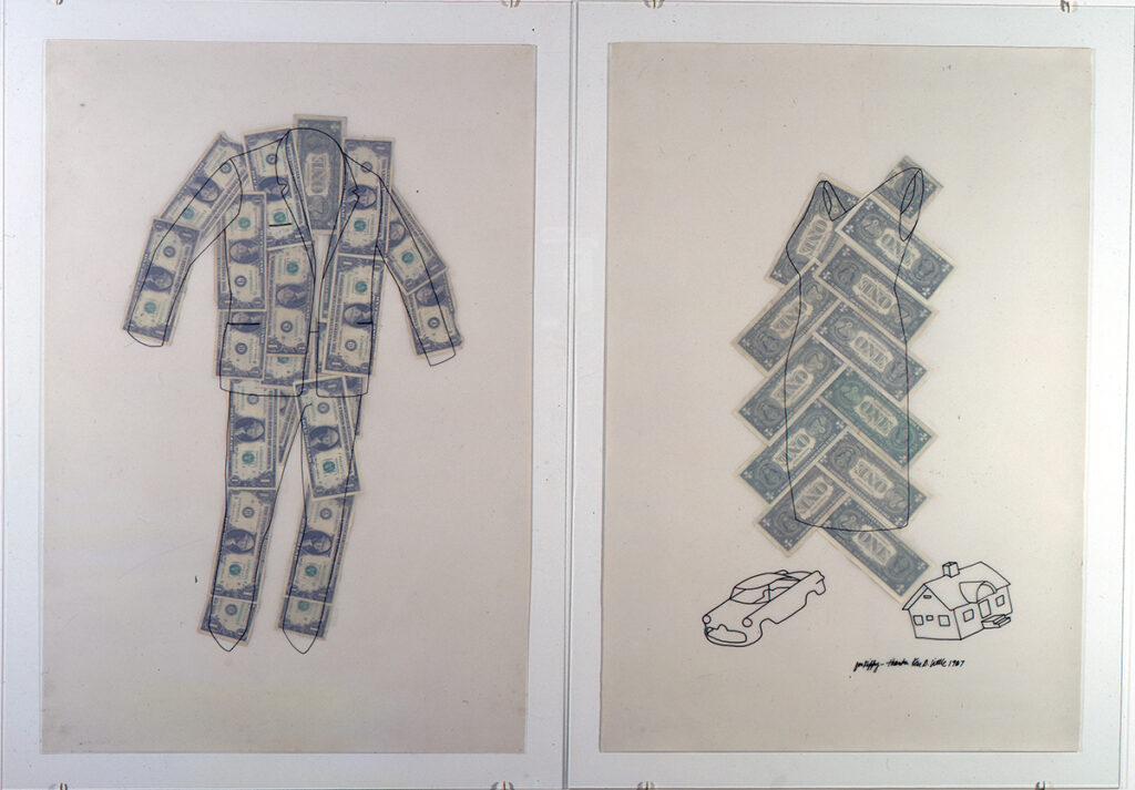 A drawing of a man's suit and a woman's dress. Overlaid on top of each is an arrangement of US one-dollar bills.