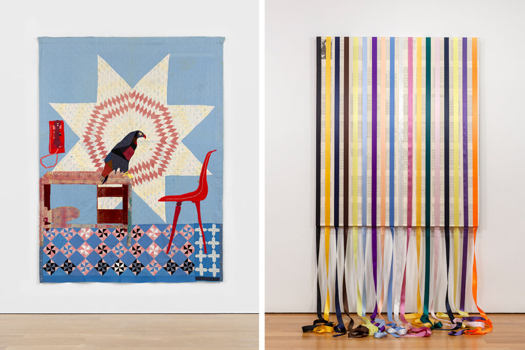 A split image showing two artworks. On the left is a quilt featuring a dark eagle perched in front of a central star. A red phone and red chair balance the picture, one on each side of the bird.; on the right is an artwork hanging on the wall with colorful ribbons flowing downward from the top and onto the floor.