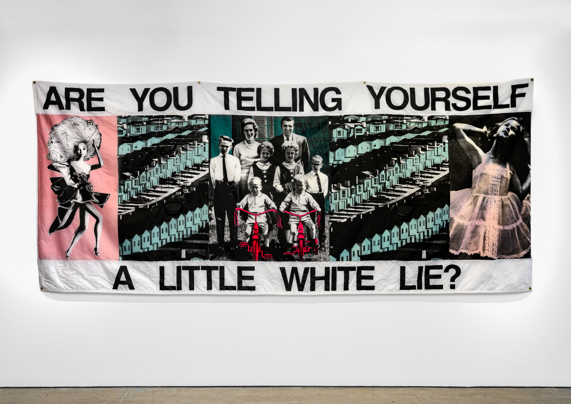 A long banner that reads, "Are You Telling Yourself a Little White Lie?" It shows images of a doll, rows of modern standardized housing, a white family gathering for a portrait, and a girl wearing a tutu.