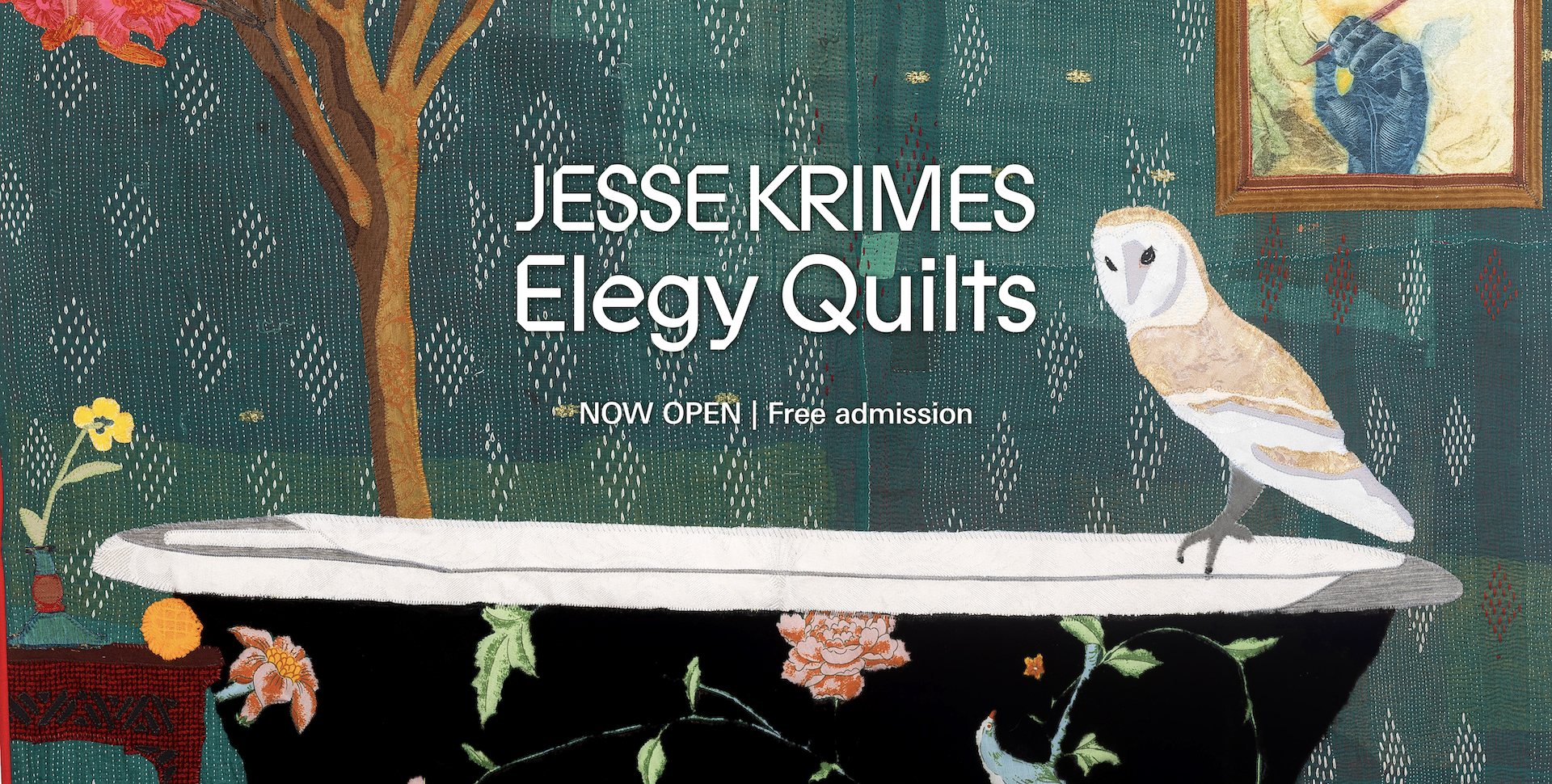 A detail of a green quilt with a white owl perched on a bathtub. The text reads 