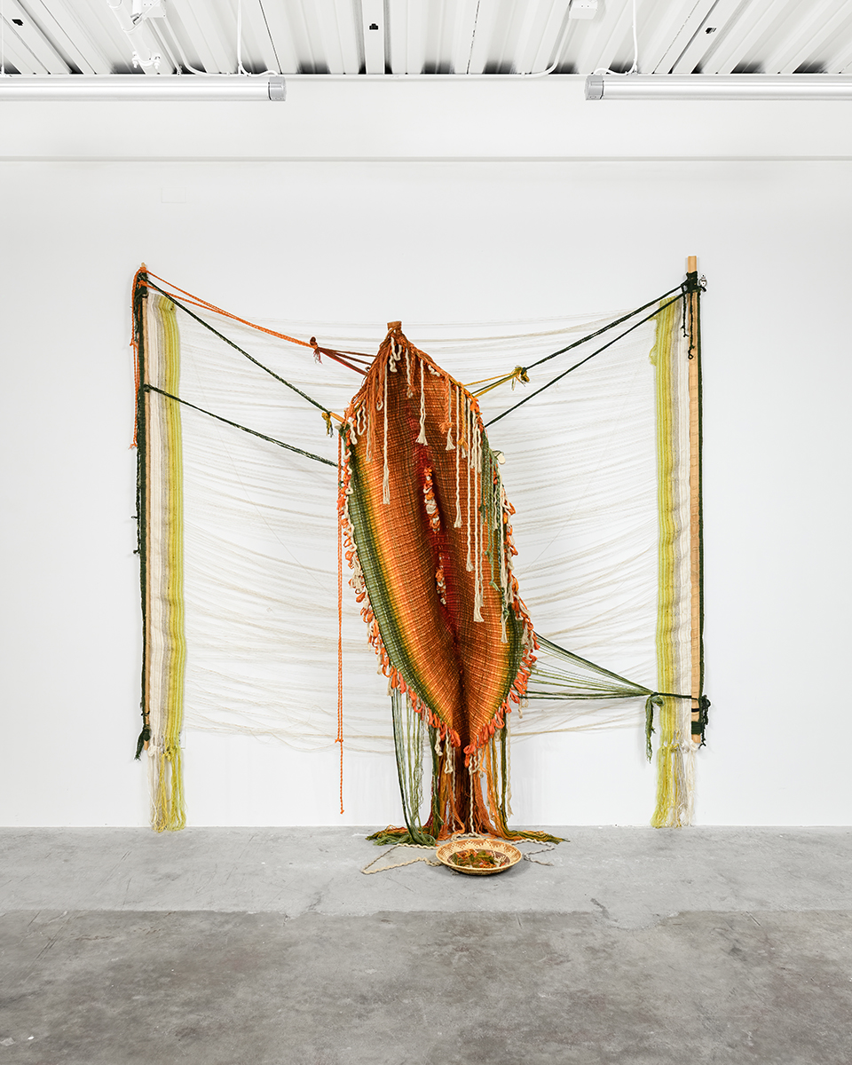 A large sculptural tapestry taking the form of a fruit such as a papaya or seed pod is installed on a gallery wall. Its woven materials are stretched taut from each end, possibly holding up the structure.