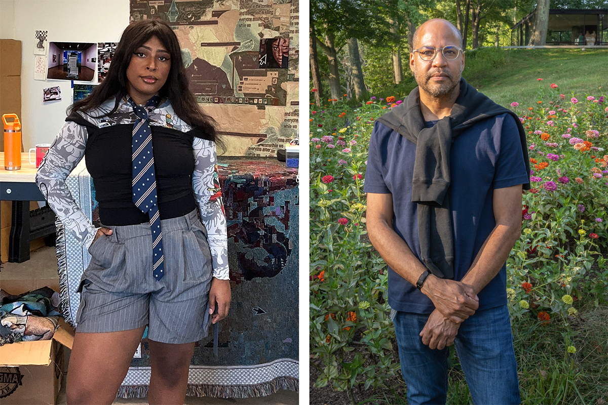 Portraits of the artists Qualeasha Wood and David Hartt. Qualeasha, on the left, is a young Black woman posing in her studio. David, on the right, is a middle aged Black man posing outdoors in a flower garden.