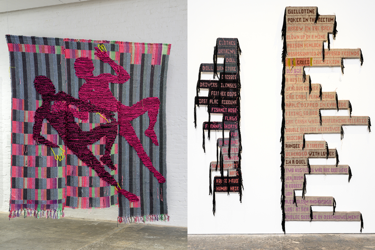 A diptych photo featuring two tapestries. On the left, a weaving featuring two figures outlined and rendered flat in solid, textured colors of magenta and maroon. Their left legs are both raised and bent, with their arms entertwined.On the rignt, a diptych of stacks of words with trails of fringe hanging.